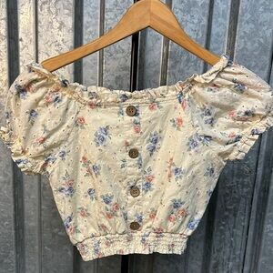 Rare Editions Cream Floral Off-Shoulder Crop Top with Blue & Pink Flowers